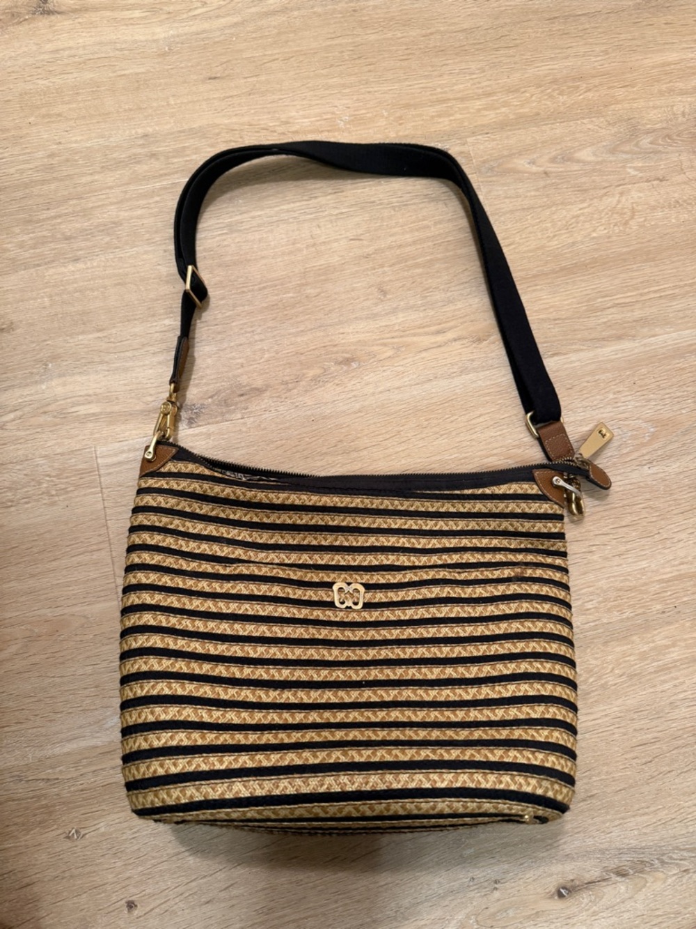 Eric Javits Striped Straw Crossbody Bag in Black and Tan